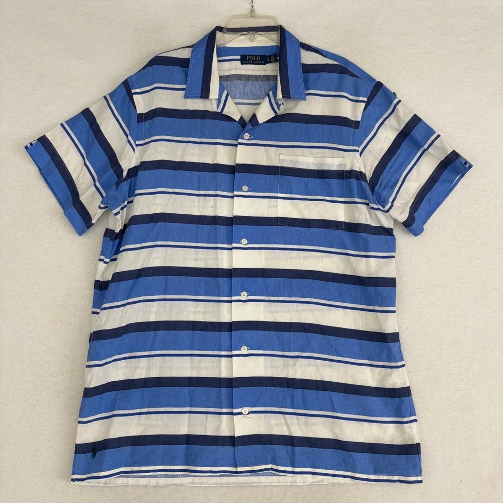 Polo Ralph Lauren Camp Shirt Mens XL Blue White Striped Linen Blend Summer